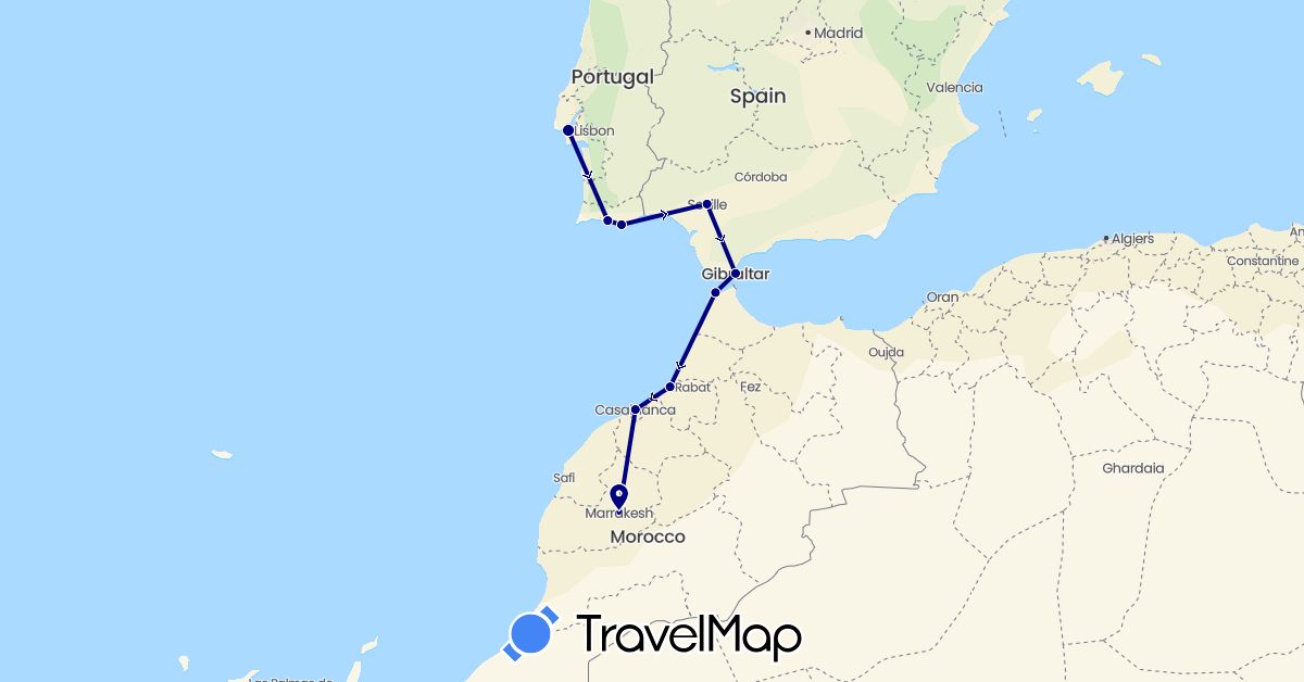TravelMap itinerary: driving in Spain, Gibraltar, Morocco, Portugal (Africa, Europe)